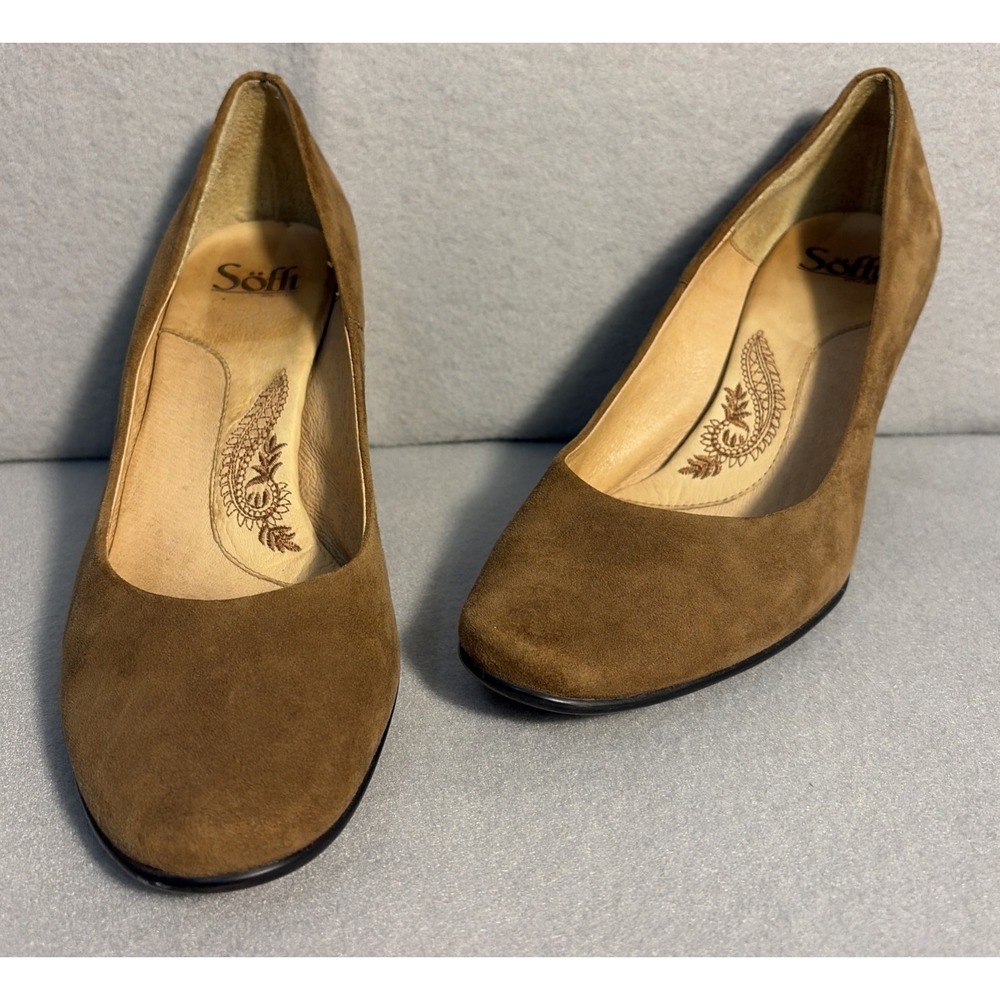 Sofft Camel Tan Suede Pumps Women 10M Block Heel Comfort Classic Dress Shoes